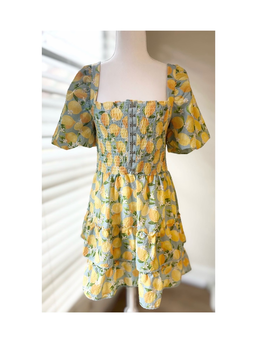 Betsey Johnson Lemon Print Smocked Mini Dress - Yellow, Green & Blue